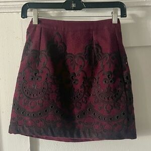 Topshop Burgundy and Black Embroidered Mini Skirt